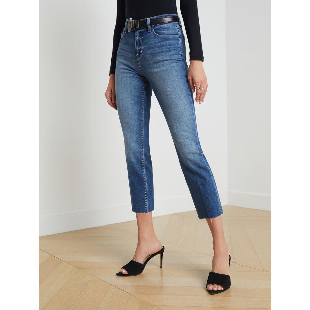 L’Agence Sada Slim Leg Cropped High Rise Raw Hem Denim Blue Jeans Size 24